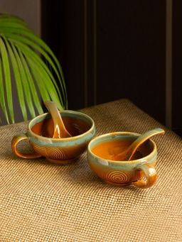ExclusiveLane - Peacock Boulevard Hand-Engraved Ceramic Soup Bowls With Spoons (Set of 2)