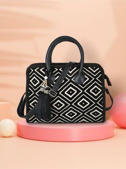 Anekaant - Geomat Natural And Black Jacquard Cotton Canvas Diamond Woven Handheld Bag