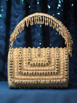 Anekaant - Coffer Beige & Gold Stone Work Embellished Suede Foldover Clutch