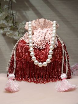 Anekaant - Dangle Pink & Red Bead Work Embellished Satin Potli