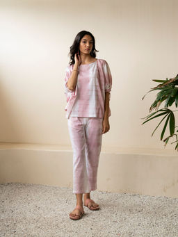 Akiso - Blush Pink Shibori Tie Dye Oversized Top With Tie Dye Trousers Co-ord (Set of 2)