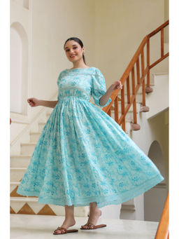 PINKVILLE JAIPUR - Aqua Blue Cotton Printed Backless Dress