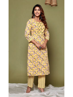 PINKVILLE JAIPUR - Yellow Pink Printed Cotton Kurta With Pants (Set of 2)