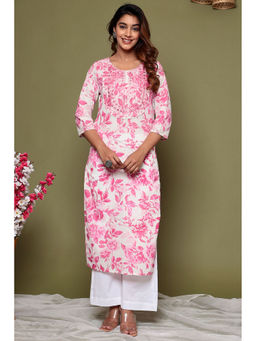 PINKVILLE JAIPUR - Pink White Printed Cotton Embroidered Kurta With Pants (Set of 2)