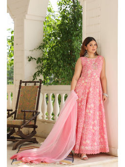 PINKVILLE JAIPUR - Pink Floral Printed & Embriodered Backless Anarkali Suit (Set of 3)