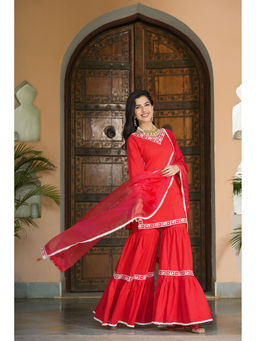 PINKVILLE JAIPUR - Red Embriodered Cotton Sharara (Set of 3)