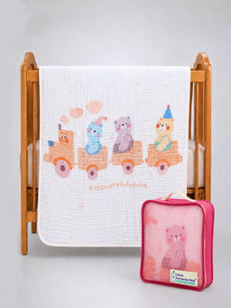 Little Surprise Box - Bear Toy Train Muslin Cotton Blanket with Free Storage Pouch