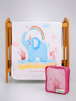Little Surprise Box - Blue Elephant and Rainbow Muslin Cotton Blanket with Free Storage Pouch