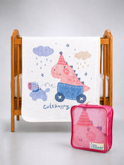 Little Surprise Box - Cute Happy Dino Muslin Cotton Blanket with Free Storage Pouch