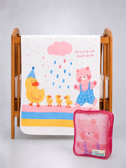 Little Surprise Box - Party Ducklings and Bear Muslin Cotton Blanket with Free Storage Pouch