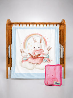Little Surprise Box - Blue Bunny Family Bedtime Story Soft Cotton Blanket with Storage Pouch