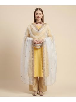 MUFFLY - White Fendi with Two-Sided Scalloped Floral Border Mirror Embellishment Dupatta