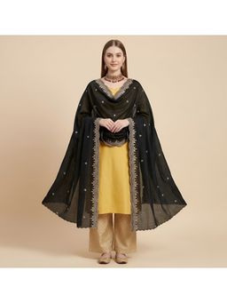 MUFFLY - Black Fendi with Two-Sided Scalloped Floral Border Mirror Embellishment Dupatta