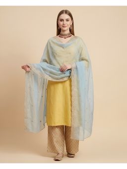 MUFFLY - Blue Fendi with Two-Sided Scalloped Floral Border Mirror Embellishment Dupatta