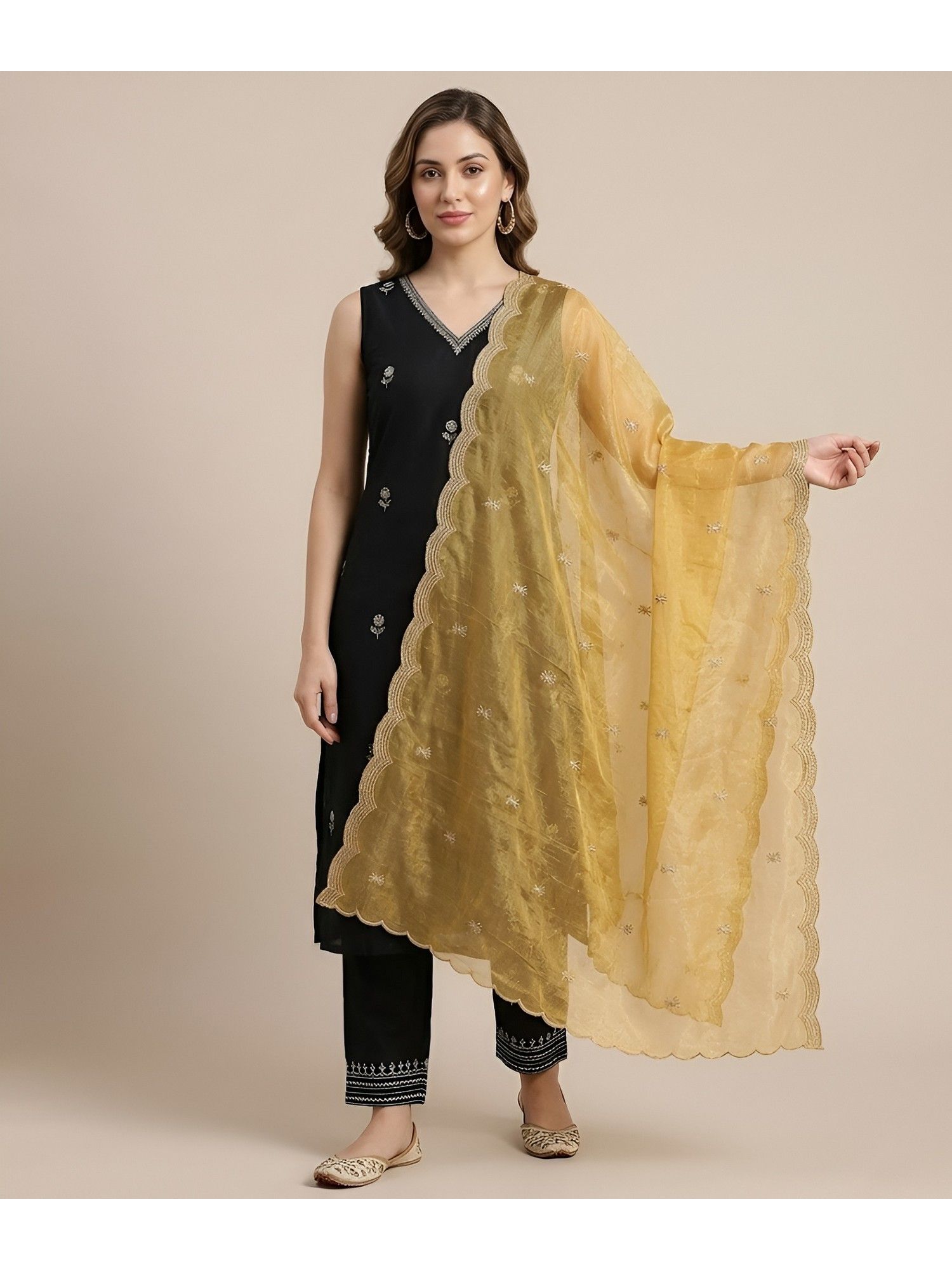 muffly Gold Twill Net Border and Delicate Buti Embroidery Dupatta-picture-25