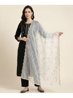 MUFFLY - White Twill Net Border and Delicate Buti Embroidery Dupatta