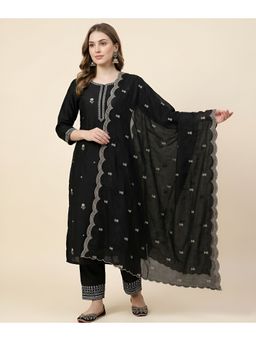 MUFFLY - Black Twill Net Border and Delicate Buti Embroidery Dupatta