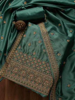 Koskii - Sea Green Zariwork Raw Silk Unstitched Salwar Suit (Set of Three)