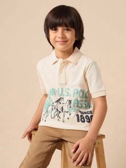 U.S. POLO ASSN. - Kids Boys Graphic Brand Printed Polo T-Shirt - Beige
