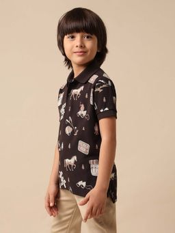 U.S. POLO ASSN. - Kids Boys All Over Printed Pure Cotton Polo T-Shirt - Brown