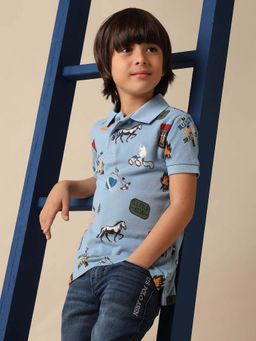U.S. POLO ASSN. - Kids Boys All Over Printed Pure Cotton Polo T-Shirt - Blue