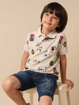 U.S. POLO ASSN. - Kids Boys All Over Printed Pure Cotton Polo T-Shirt - Beige