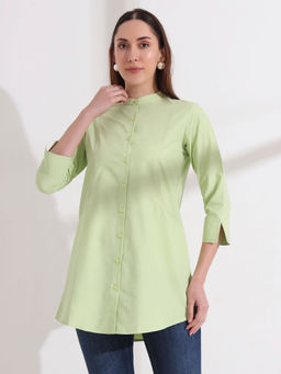 FITHUB - Green Longline Cotton Solid Stylish Stitch Shirt