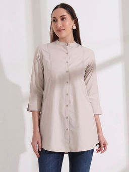 FITHUB - Beige Longline Cotton Solid Stylish Stitch Shirt