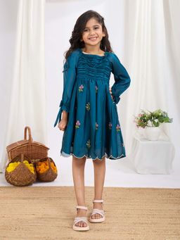 Tiny Twills - Blue Embroidered Knee Length Dress