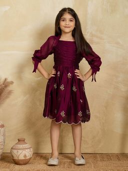 Tiny Twills - Maroon Embroidered Knee Length Dress