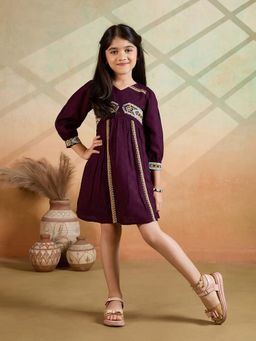 Tiny Twills - Maroon Embroidered Knee Length Dress