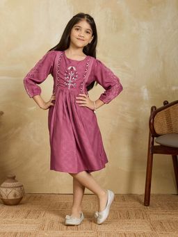 Tiny Twills - Mauve Embroidered Knee Length Dress