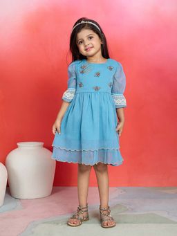 Tiny Twills - Blue Embroidered Knee Length Dress