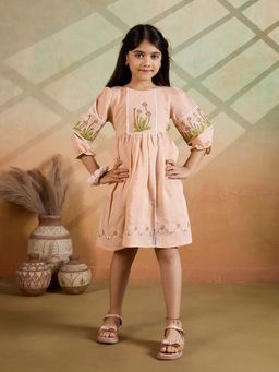 Tiny Twills - Peach Embroidered Knee Length Dress