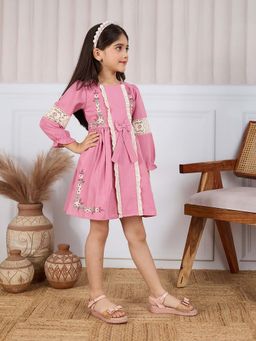 Tiny Twills - Pink Embroidered Knee Length Dress