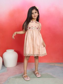 Tiny Twills - Peach Embroidered Knee Length Dress