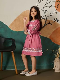 Tiny Twills - Pink Embroidered Knee Length Dress