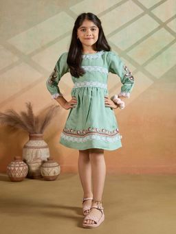 Tiny Twills - Green Embroidered Knee Length Dress