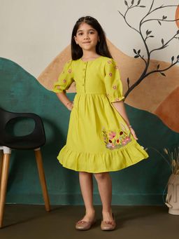 Tiny Twills - Green Embroidered Knee Length Dress