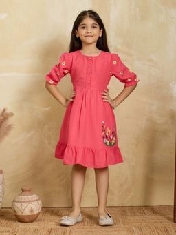 Tiny Twills - Pink Embroidered Knee Length Dress