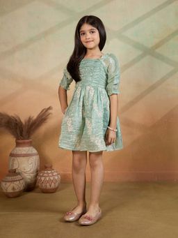 Tiny Twills - Green Embroidered Knee Length Dress