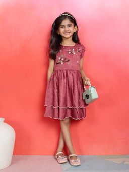 Tiny Twills - Maroon Embroidered Knee Length Dress