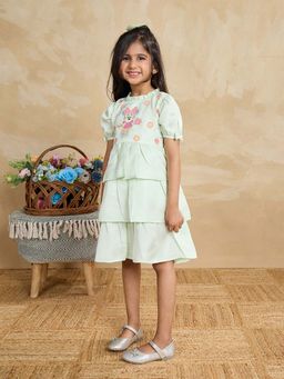Tiny Twills - Green Embroidered Knee Length Dress