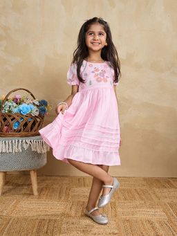 Tiny Twills - Pink Embroidered Knee Length Dress