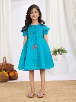 Tiny Twills - Blue Embroidered Knee Length Dress