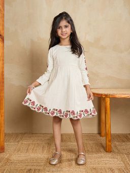 Tiny Twills - Beige Embroidered Knee Length Dress