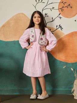 Tiny Twills - Pink Embroidered Knee Length Dress