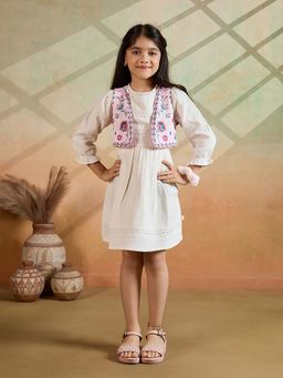 Tiny Twills - Off White Embroidered Knee Length Dress