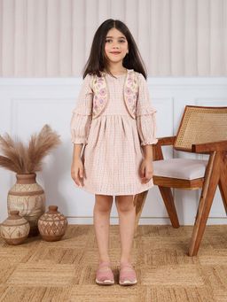 Tiny Twills - Peach Embroidered Knee Length Dress