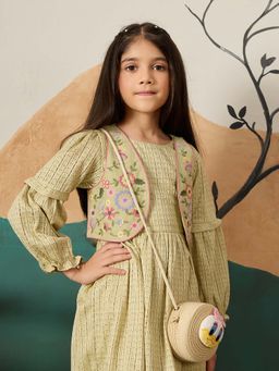 Tiny Twills - Green Embroidered Knee Length Dress